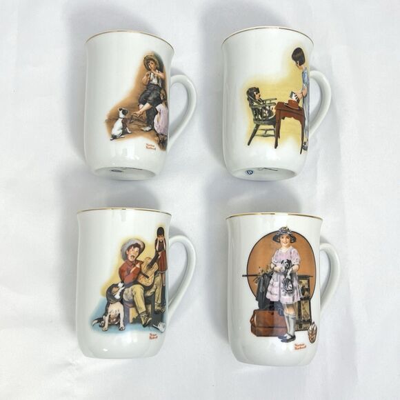 Vintage Norman Rockwell Museum Coffee Cup 1981 Set of 4 Ceramic White w/Gold NOS - Picture 2 of 14